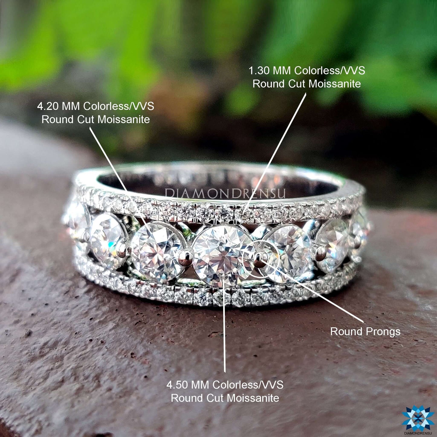 3.02 TCW Round Brilliant Cut Triple Row Eternity Moissanite Wedding Band