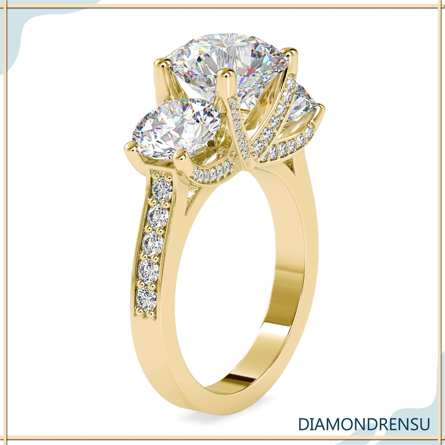 Three stone engagement ring diamond with a classic round center.