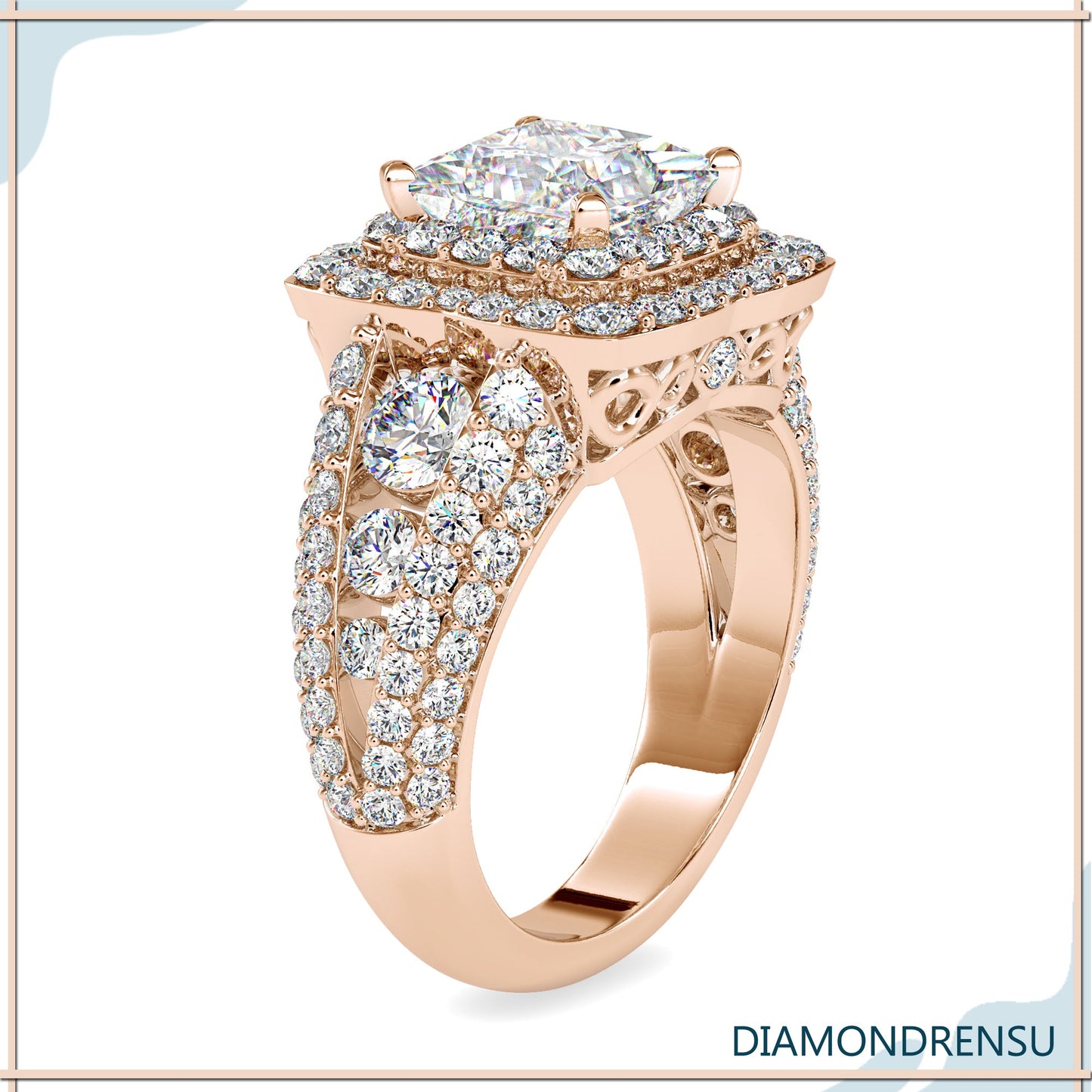 Pave diamond engagement ring with a princess cut center stone and elegant sparkle.