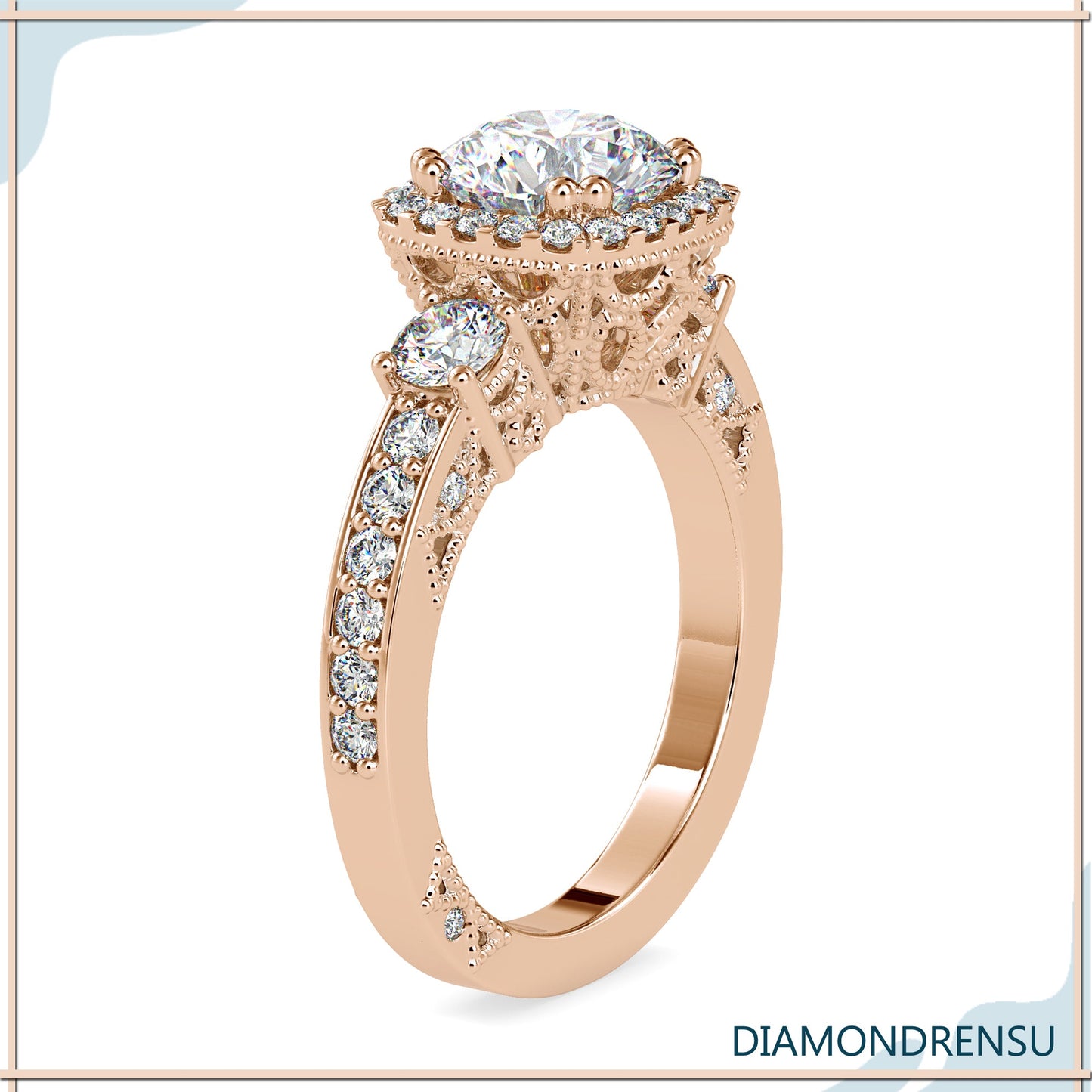 Engagement ring with pave setting and a vintage-inspired design.
