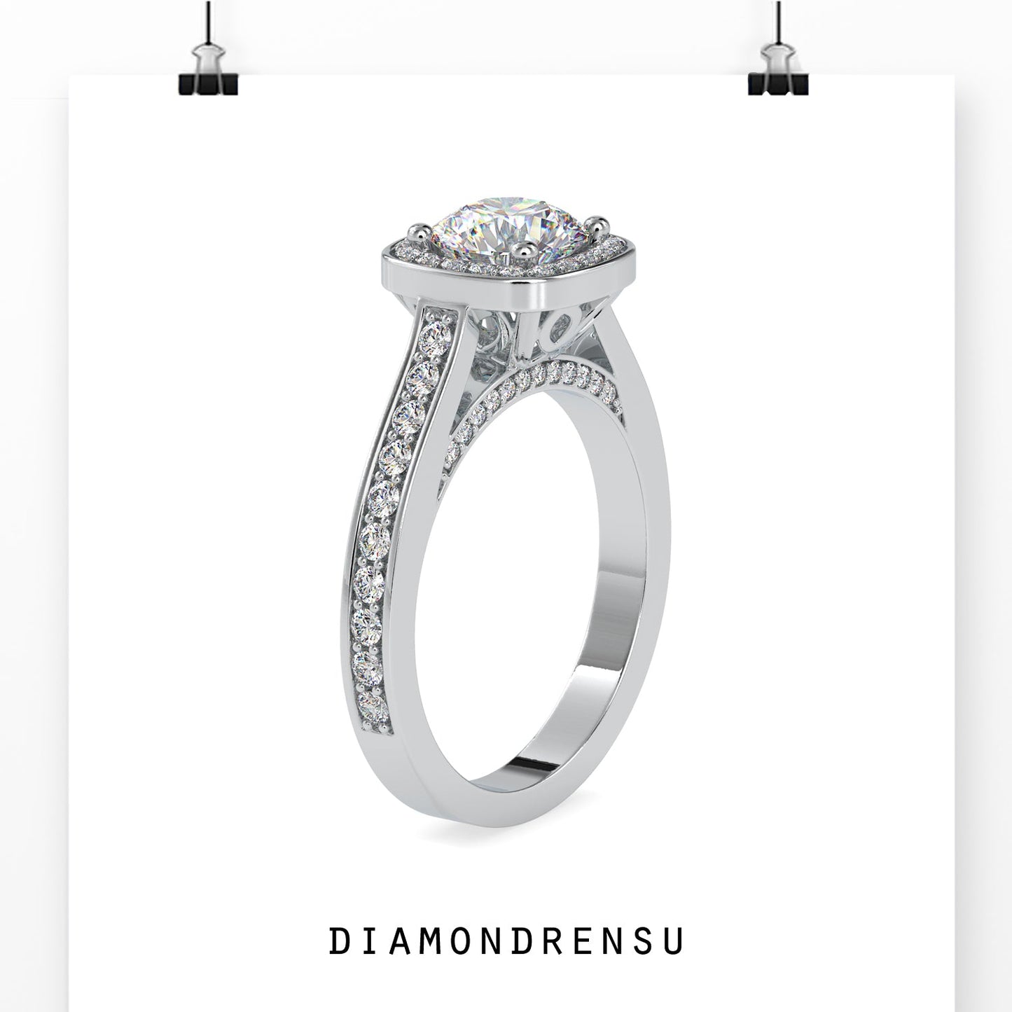 Round brilliant diamond cut in a halo engagement ring with intricate detailing.