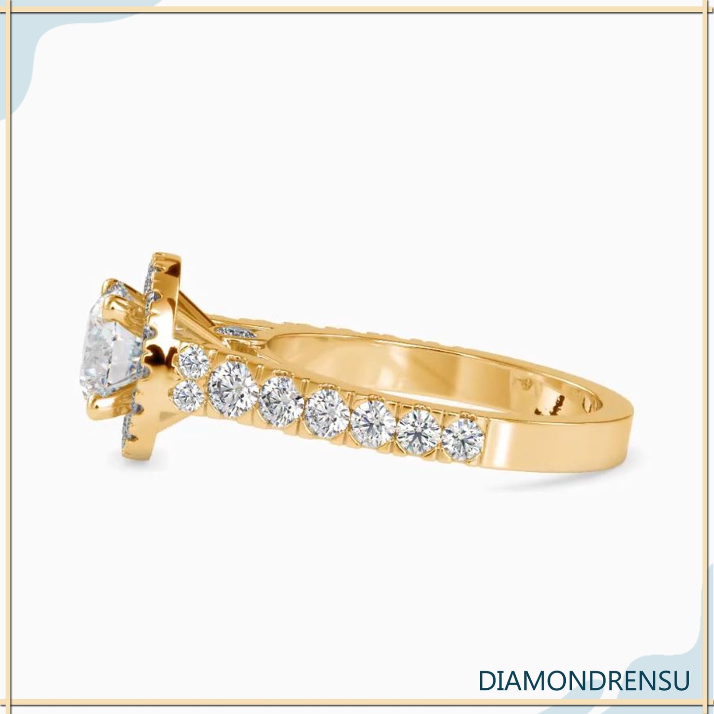 Ring with bridge and diamond accents in a halo setting.
