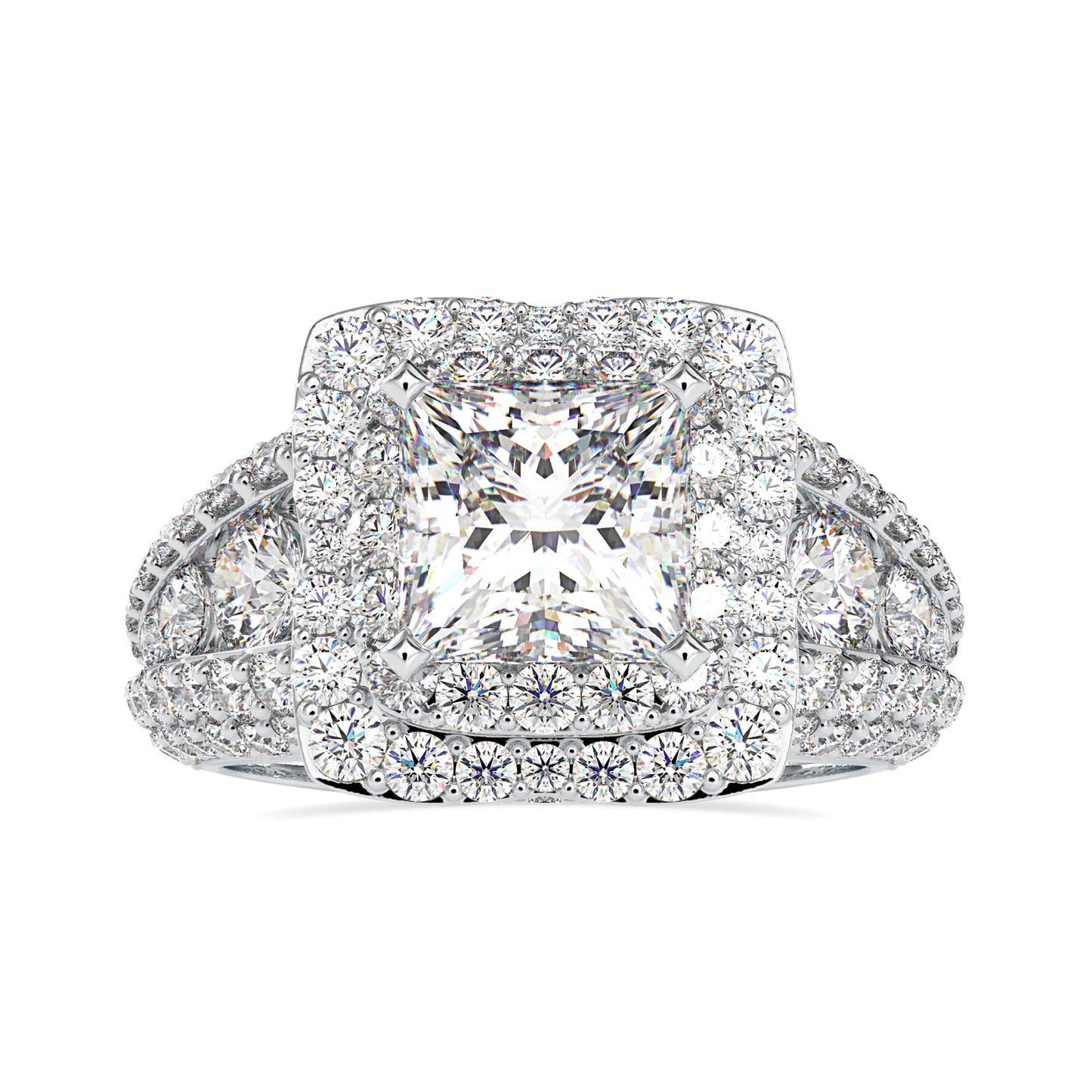 Double halo diamond ring with a stunning princess cut center stone.