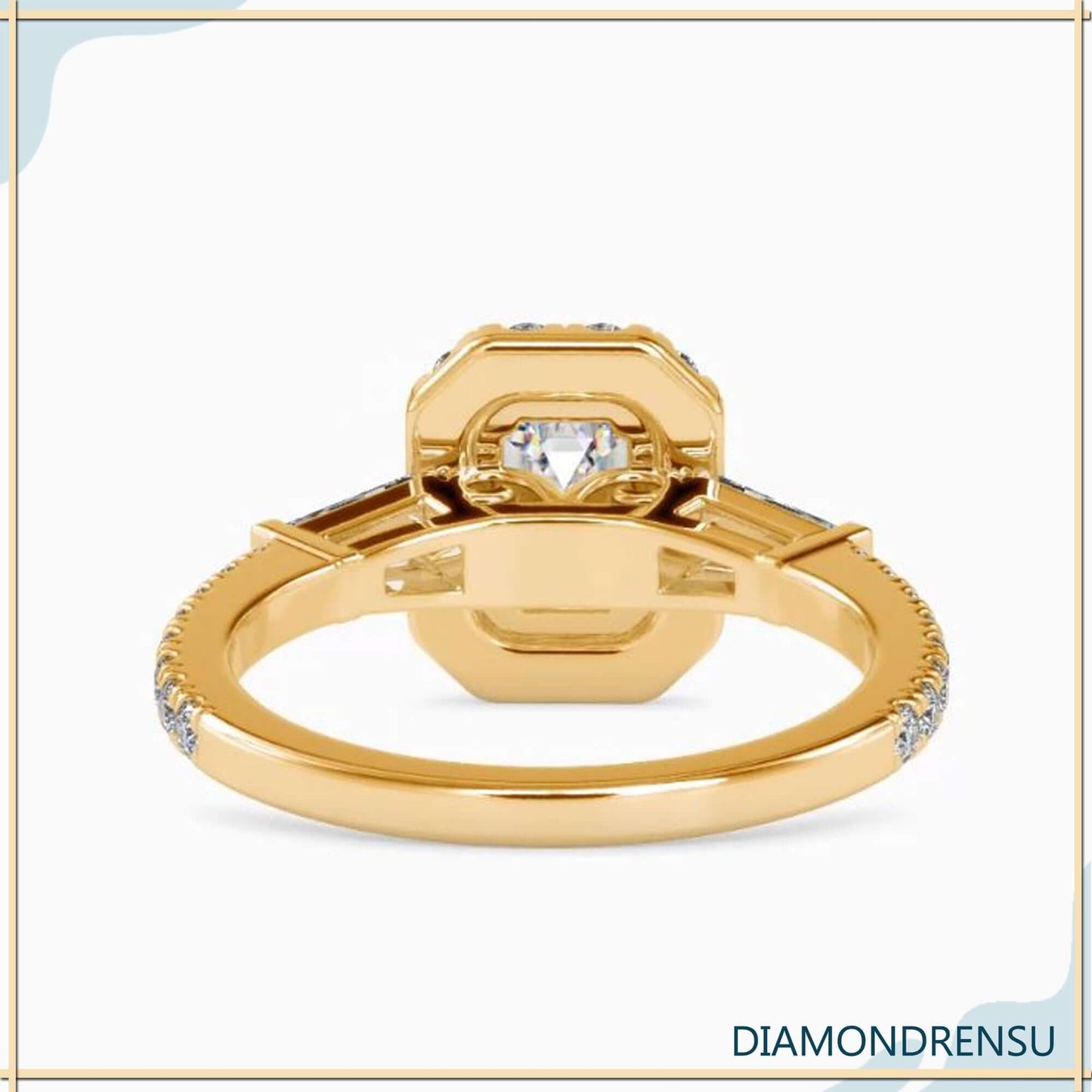 tapered baguette engagement ring setting with emerald cut diamond.