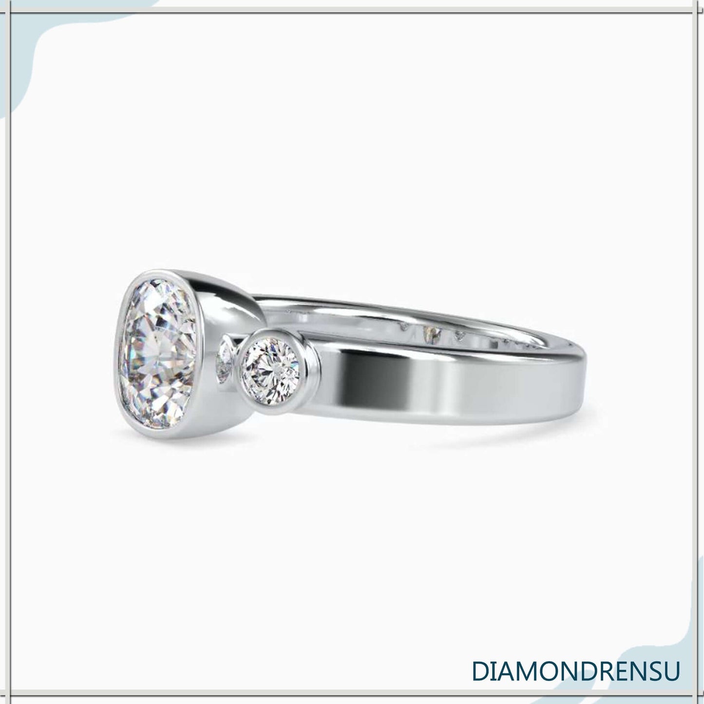 Three stone diamond engagement ring with a cushion cut center stone and IGI certified diamonds.