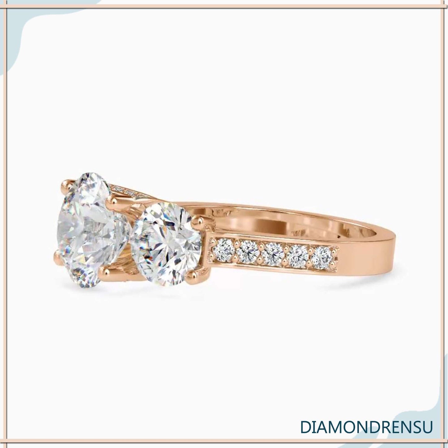 Round engagement ring with side stones in rose gold, white gold, or yellow gold.