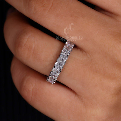 Radiant wedding band featuring micro pave diamonds
