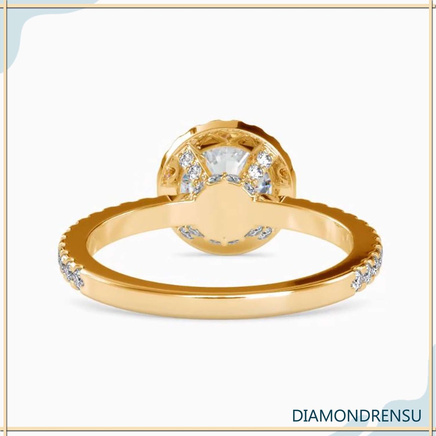 Classic round halo ring with side stones and hidden accents.