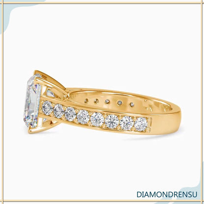 Rose gold radiant cut diamond ring with a channel set band
