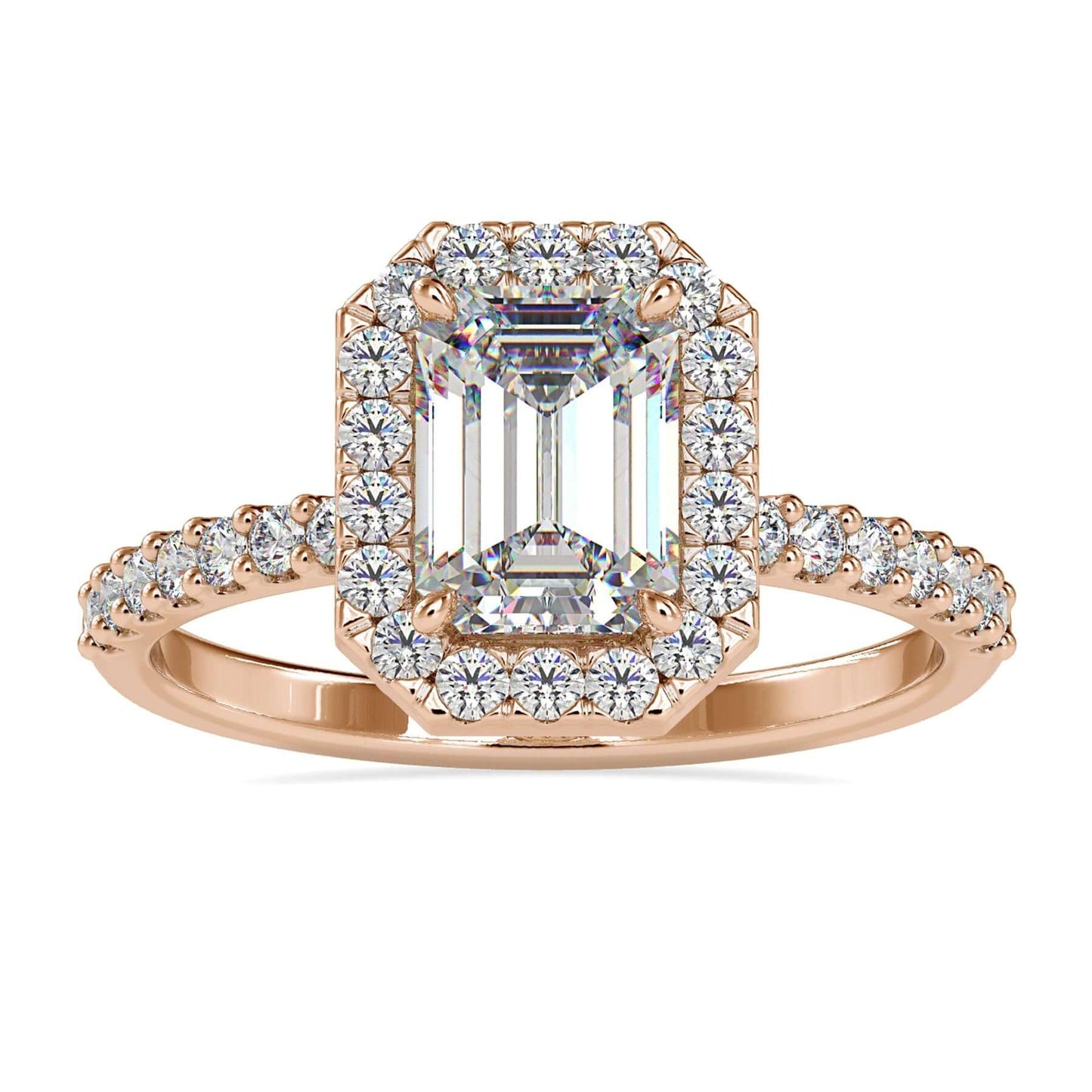Emerald Halo Engagement Ring with a diamond halo design.