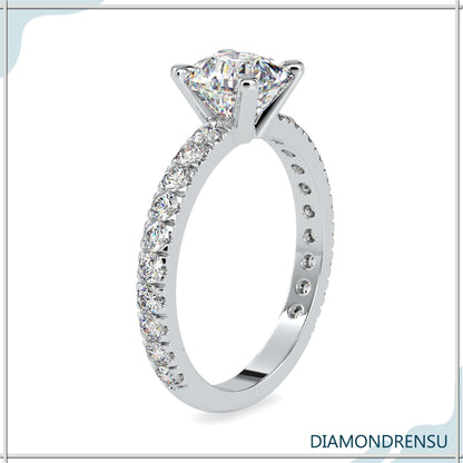 3 carat cushion cut diamond ring set in a basket setting, available in white gold.
