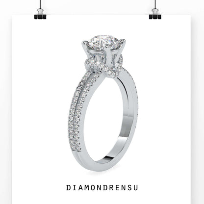 Elegant pave vs halo setting comparison on a collar halo ring with a round cut diamond.