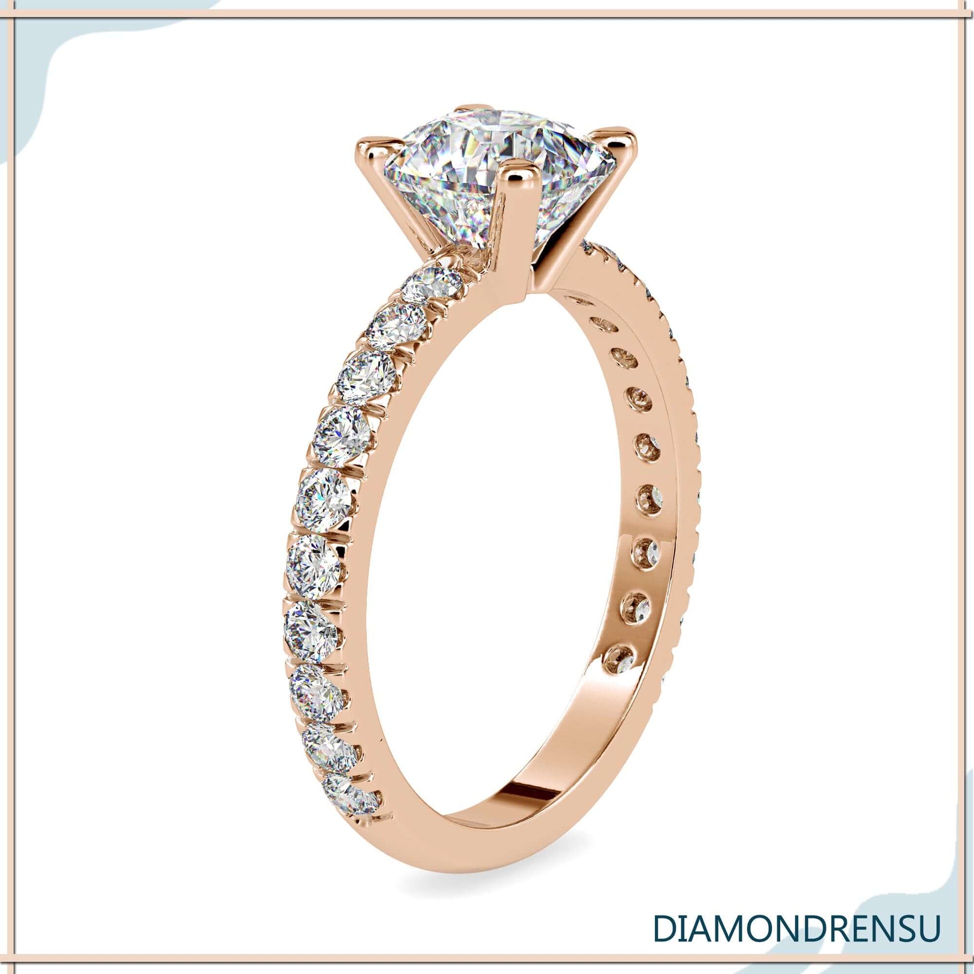 IGI certified 2 carat cushion cut diamond ring with a basket ring setting in white gold.
