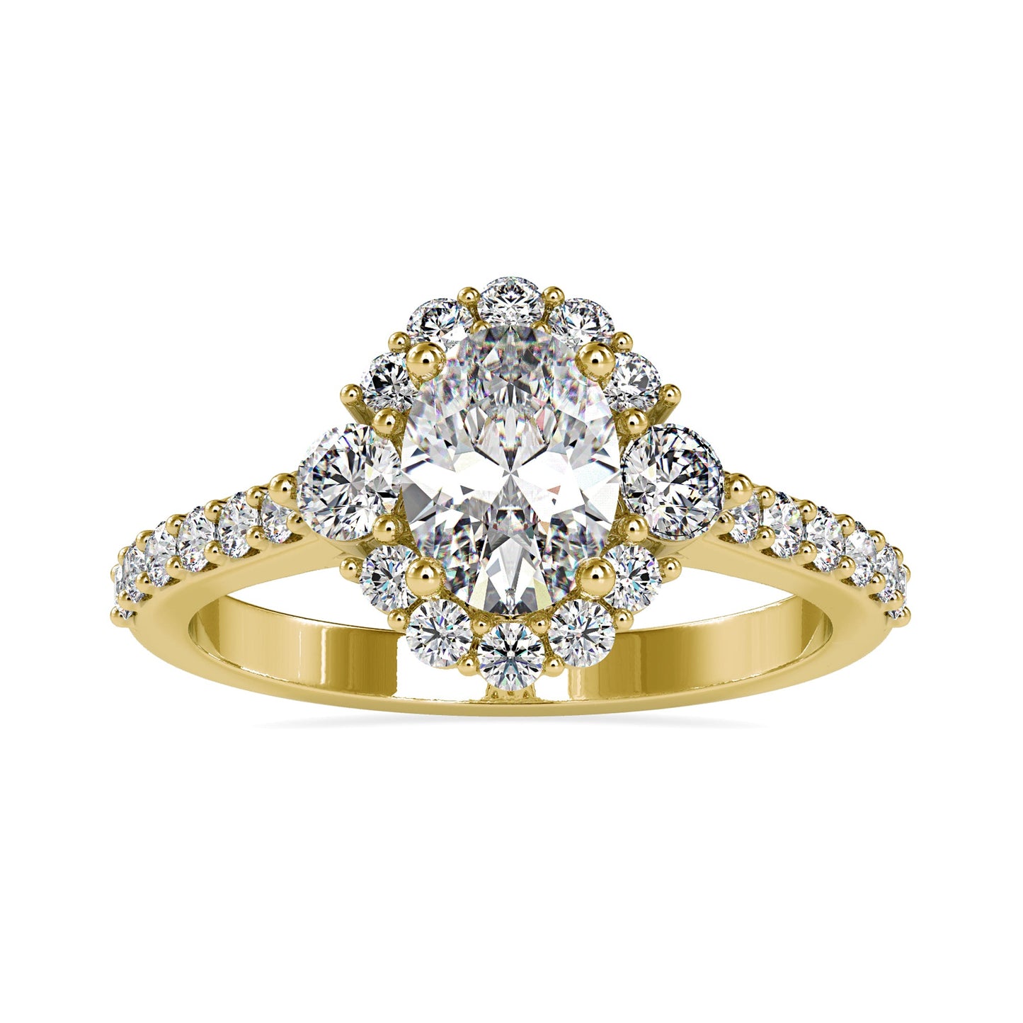 Pave diamond ring with oval cut in a classic cathedral setting
