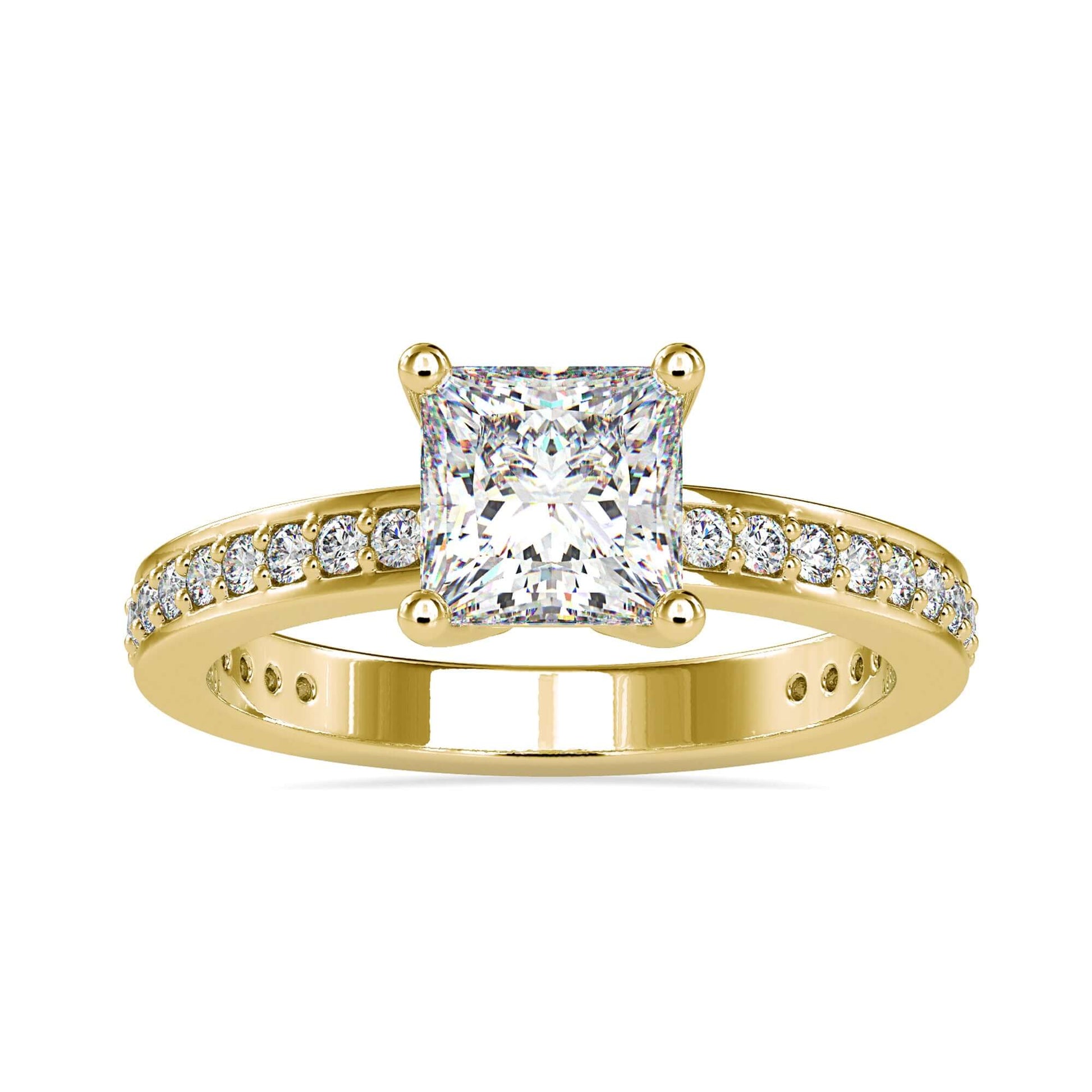 Diamond pave ring in white gold featuring a princess cut diamond
