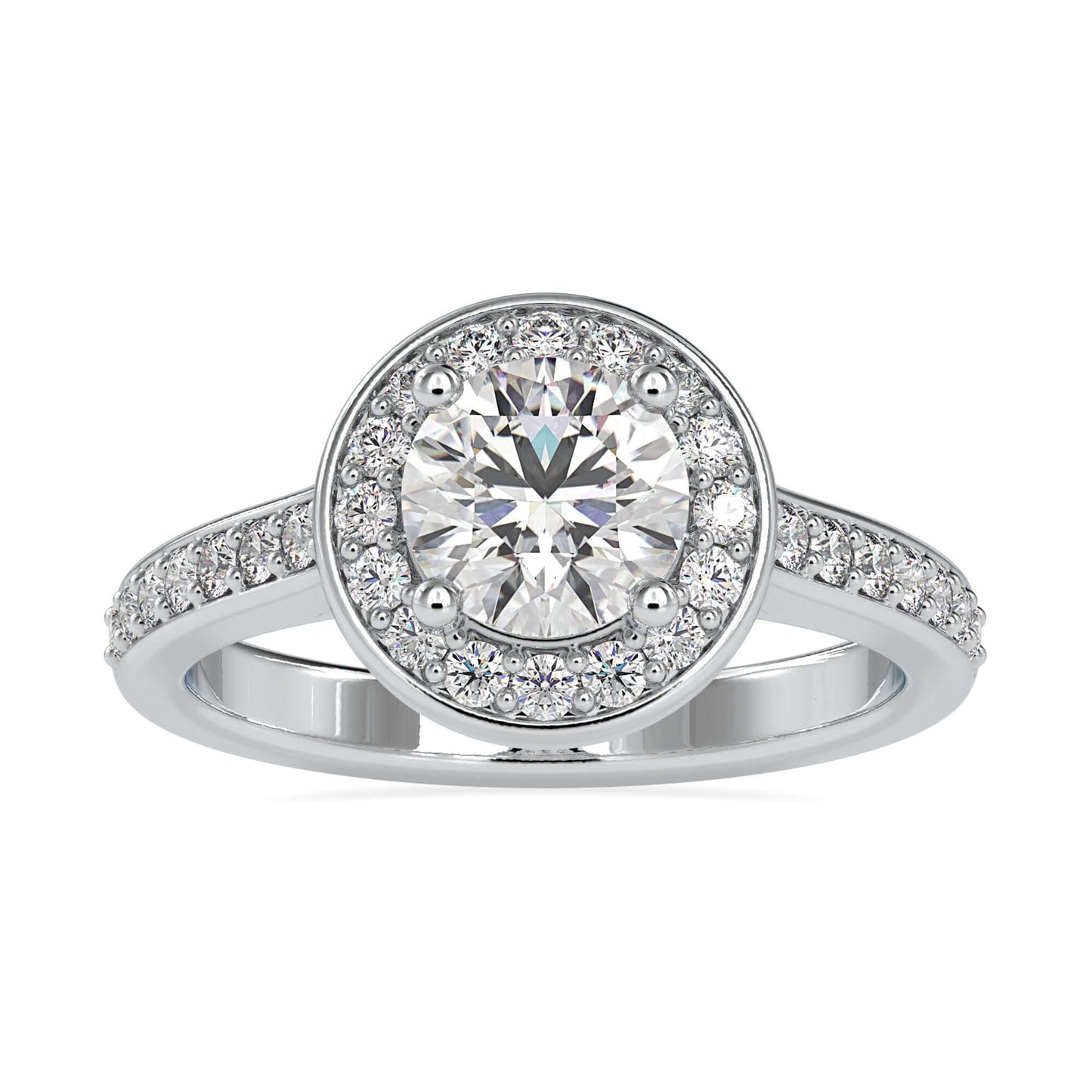 Beautiful cathedral setting ring featuring a halo design with pave accents.
