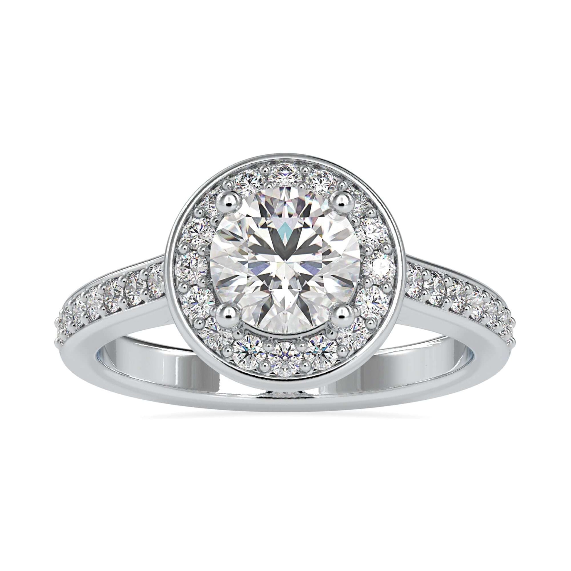 Beautiful cathedral setting ring featuring a halo design with pave accents.
