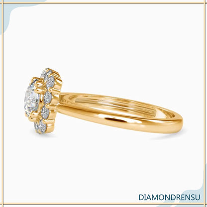 Lab grown diamond ring with a sparkling halo setting.
