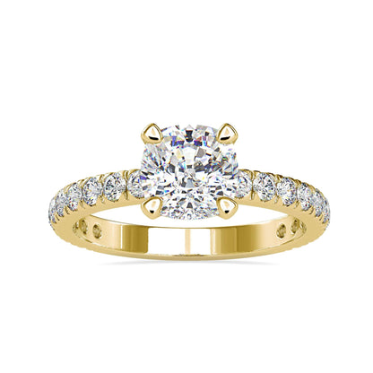 Lab grown diamond ring with 2 carat cushion cut diamond in a claw prong engagement setting.
