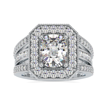 Lab grown diamond engagement ring in a yellow gold split shank setting.

