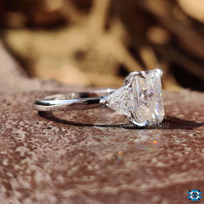 2.85 TCW Radiant and Trillion Amazing Moissanite Three Stones Engagement Ring